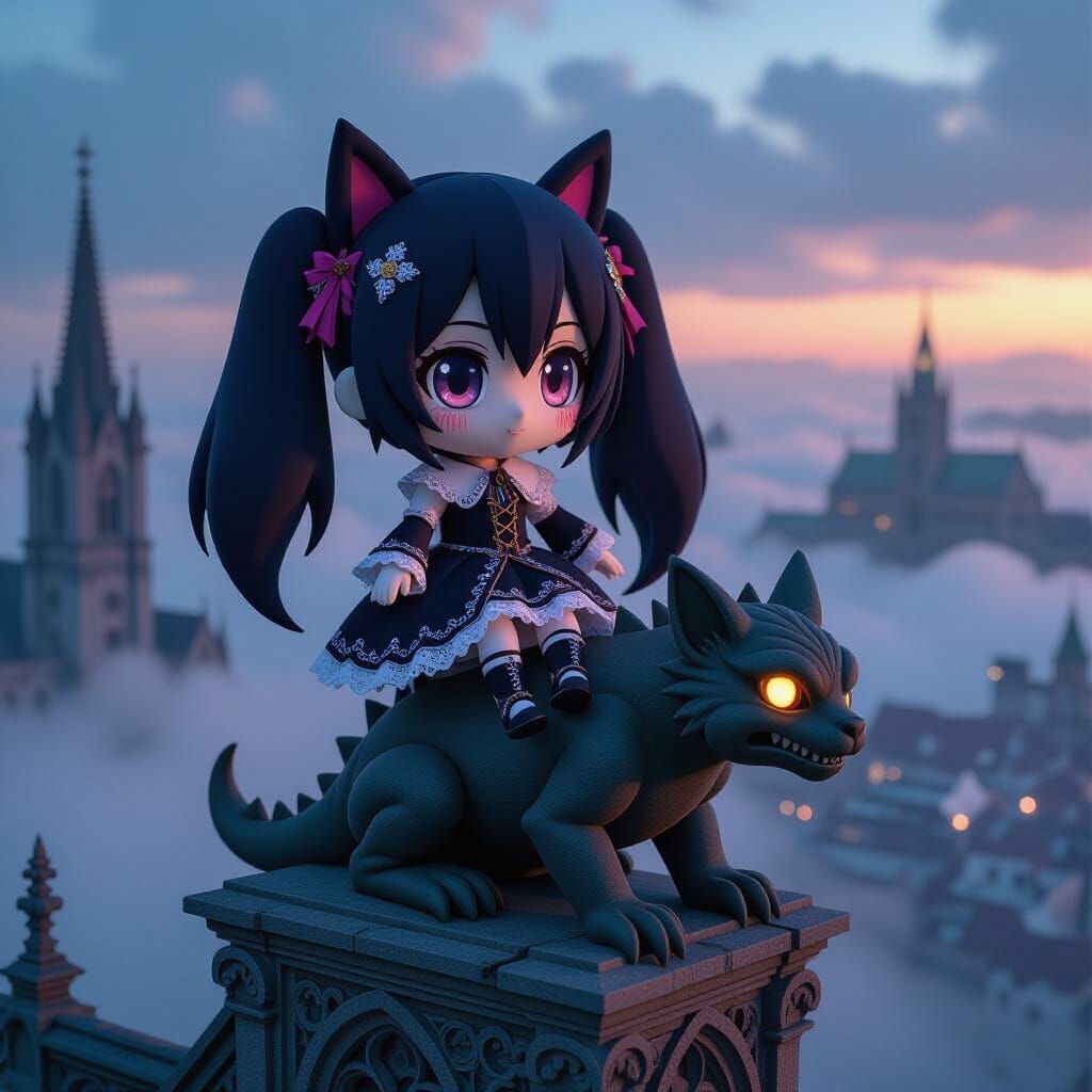 Gothic Kaiju Miku Plushie on Cathedral Gargoyle