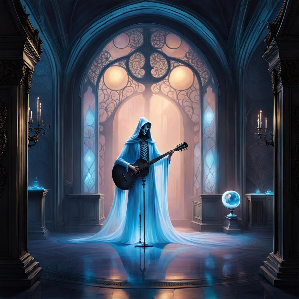 Ethereal Grim Reaper Playing Guitar in Gothic Chamber