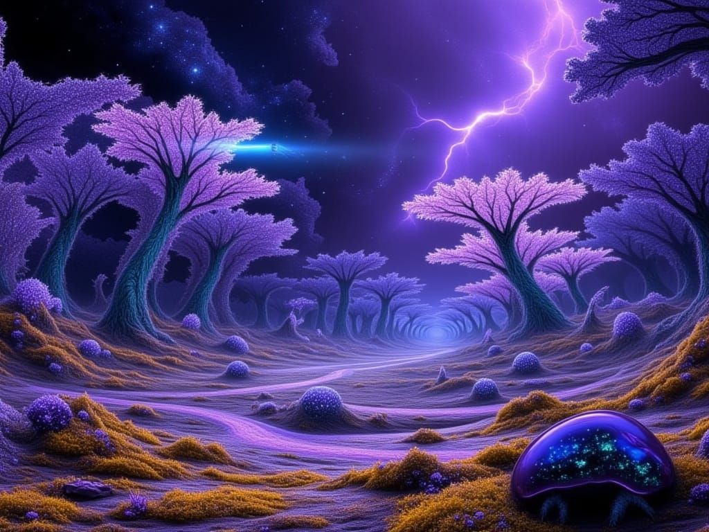 Alien World with Crystalline Structures Under Galactic Sky