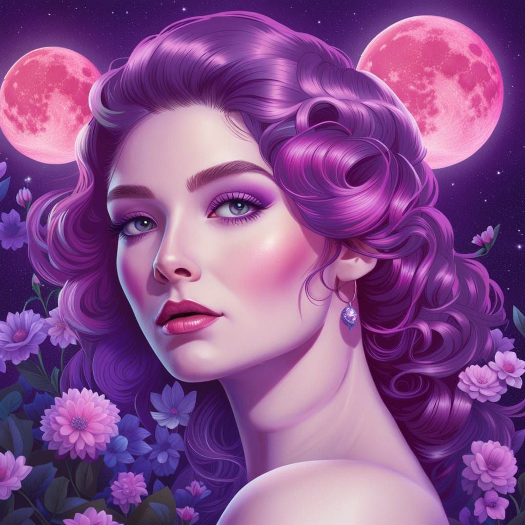 Moonlit Portrait of a Woman with Flowers