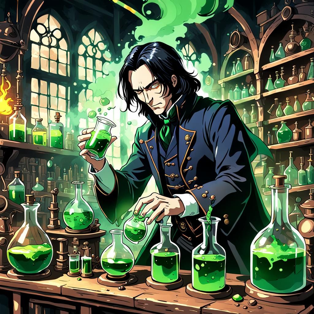 Steampunk Snape in his alchemy classroom mixing potions. Mas...
