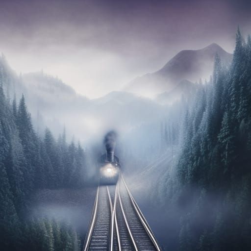 Cinematic Train Journey Through Misty Mountains