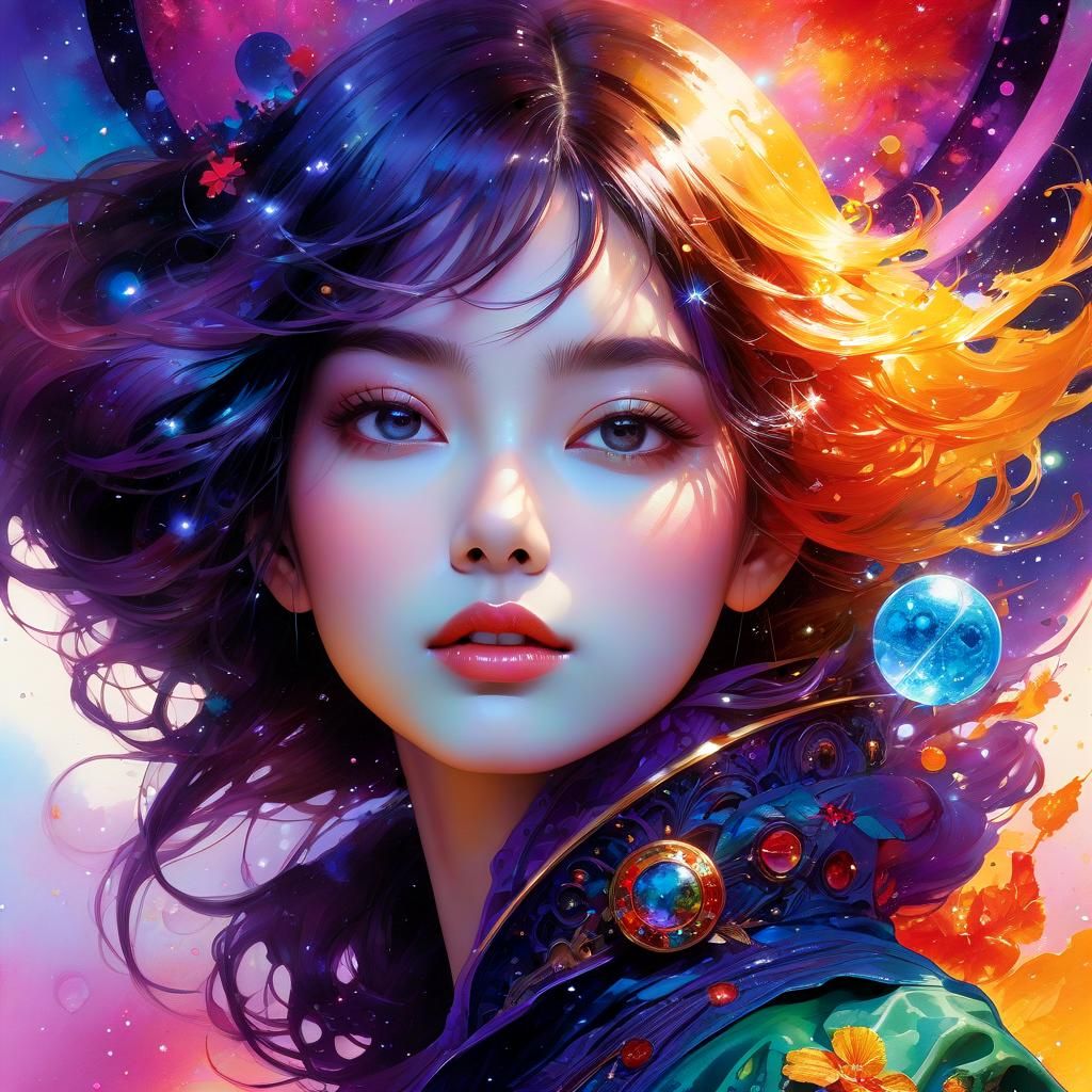 Galactic Queen Portrait in Watercolor Alcohol-Ink Style