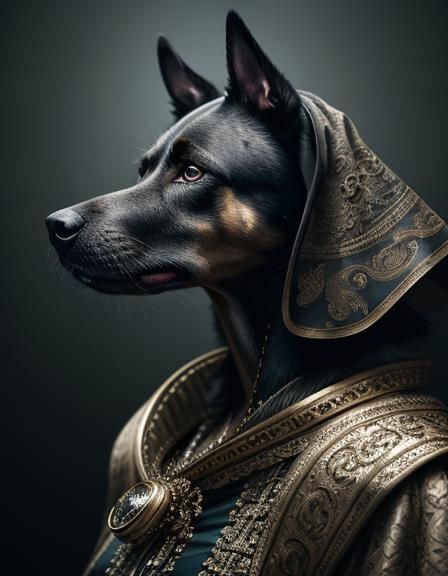 A dog woman with dog head,face and eyes dressed in extravaga...