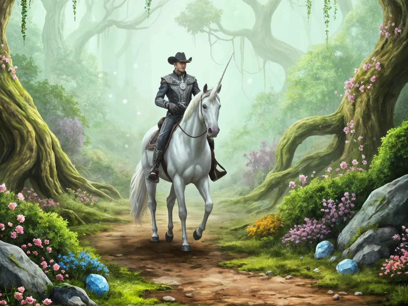 Cowboy Rides Unicorn in Mystical Fantasy Forest