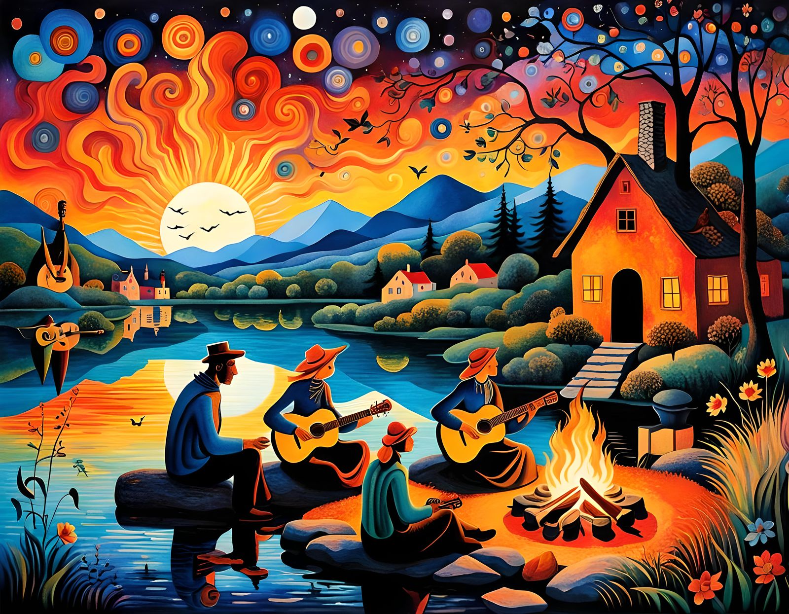 Campfire at Sunset: Folk Fantasy Art Illustration