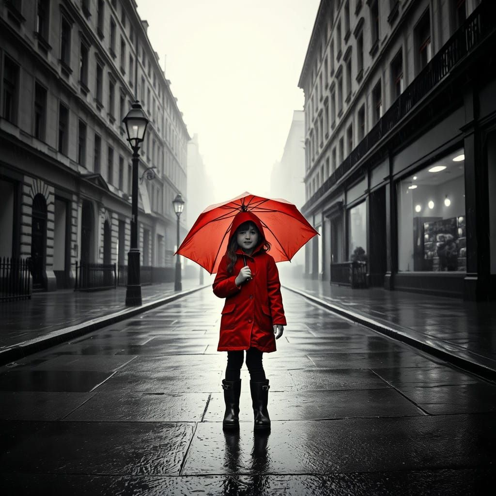 Young Girl in Moody London Rain, Inspired by Atmospheric Pho...