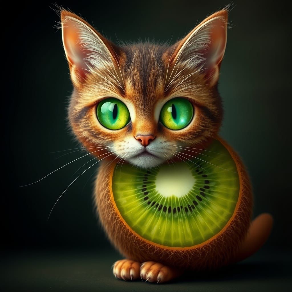Whimsical Feline-Kiwi Hybrid in Emerald Dreamscape