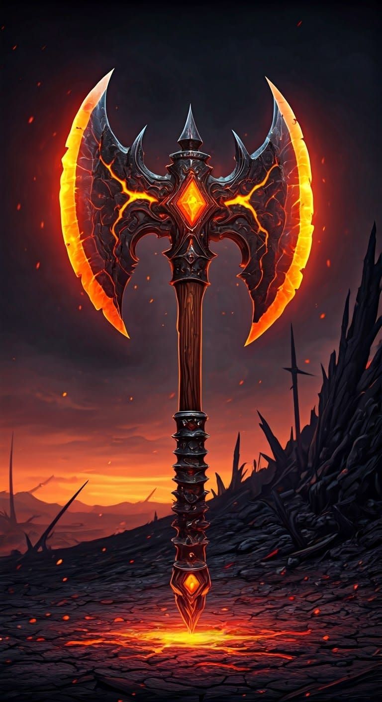 Epic Obsidian Greataxe Radiates Fiery Aura in Desolate Battl...