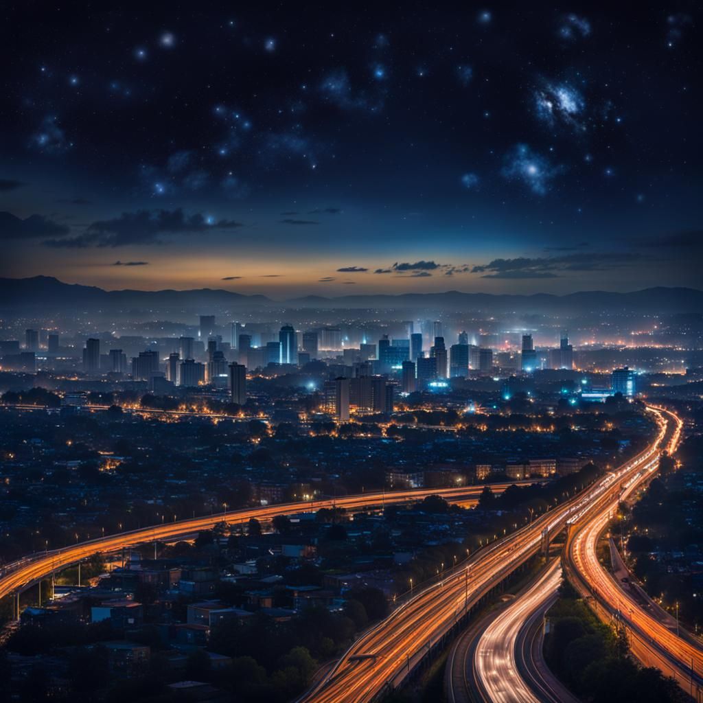 Night Cityscape with Bokeh and Highway
