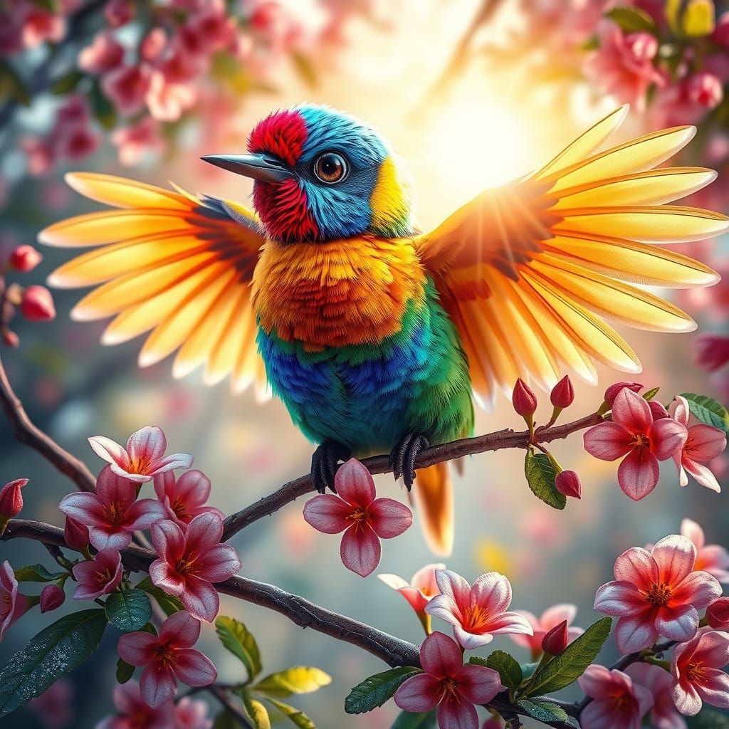 Vibrant Rainbow Parrot Unfolds Wings Amidst Floral Bloom