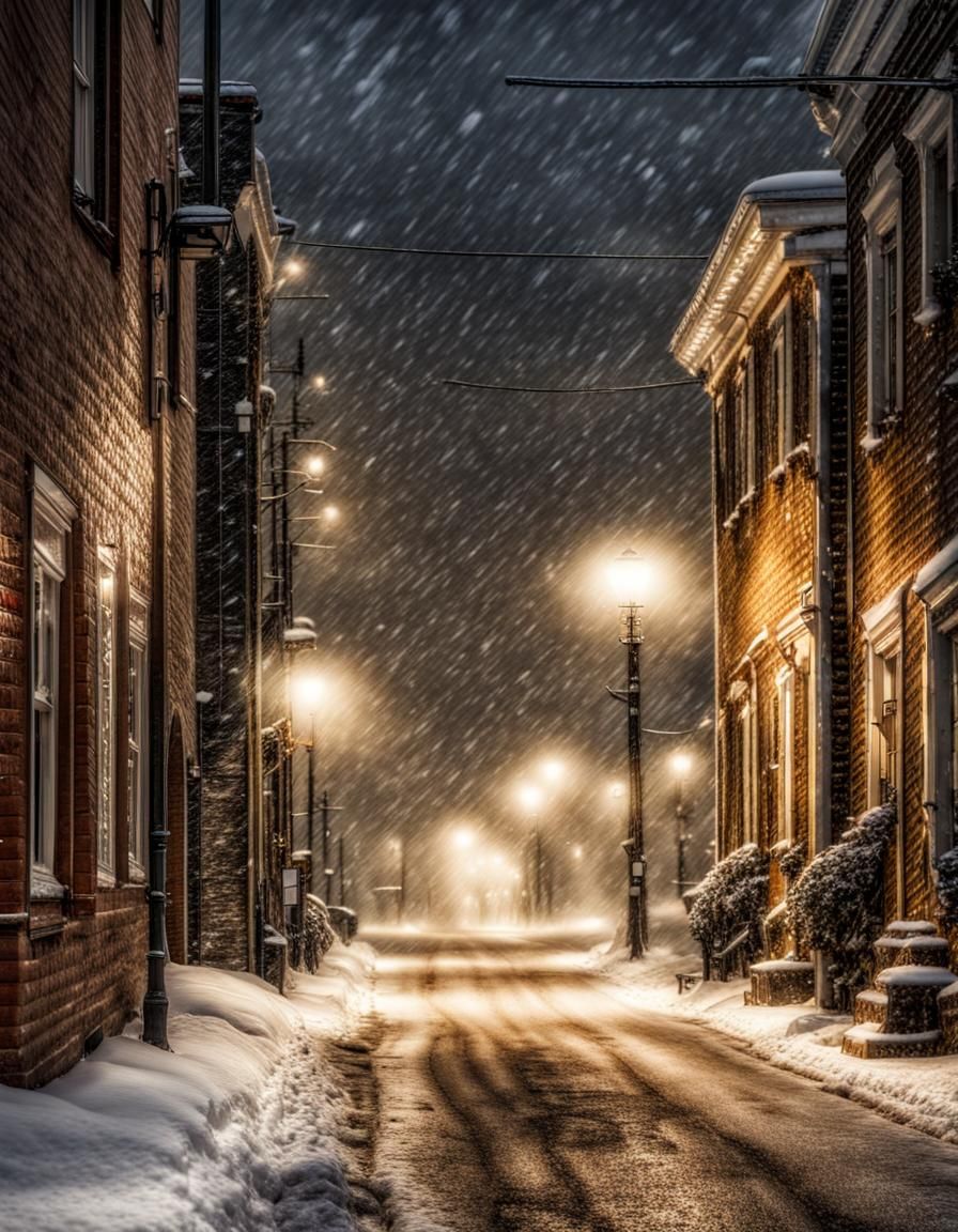 Snowy Small Town Street at Night in HDR