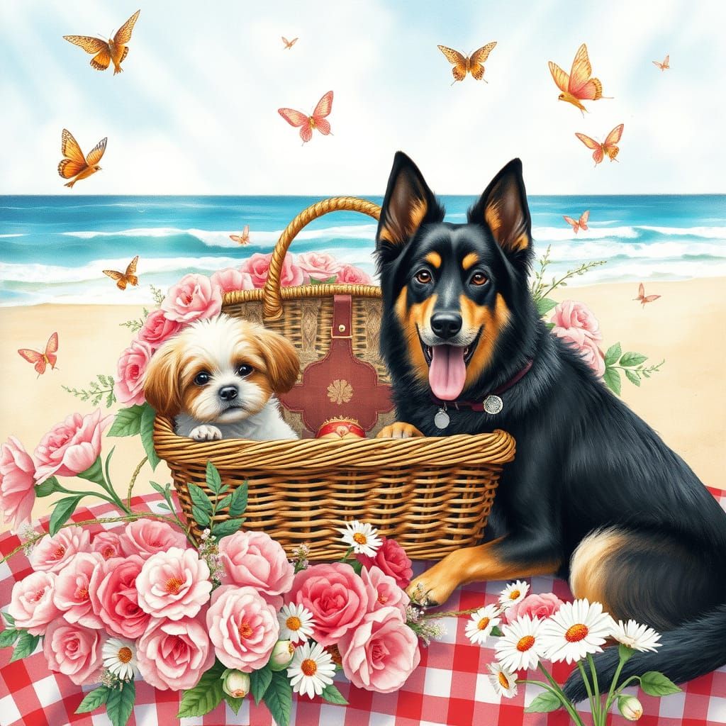Beach Picnic with Dogs in Watercolor Style