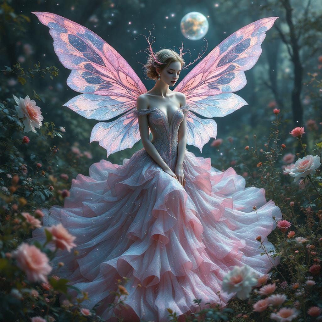 Moth Woman in Gown with Delicate Wings