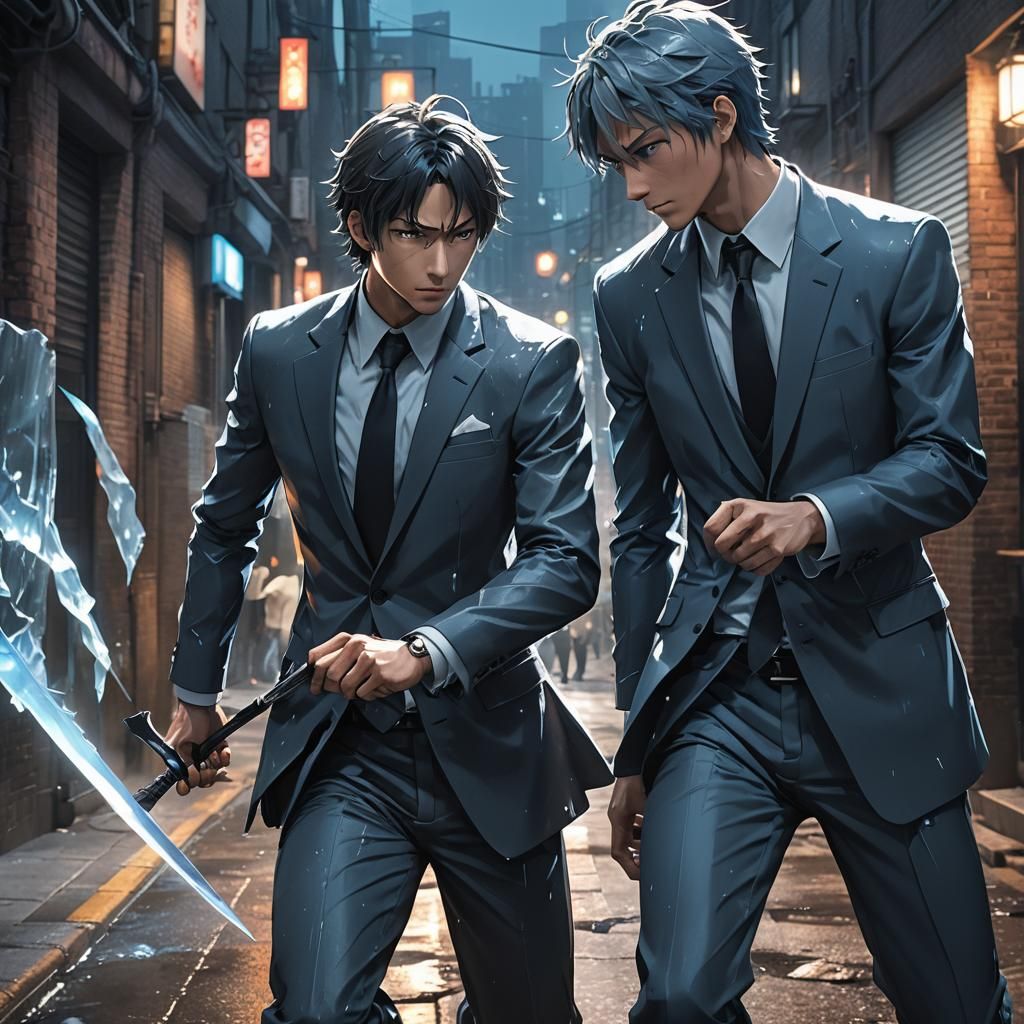 Hyper-Realistic Anime Art: Man in Suit Stabbing Man