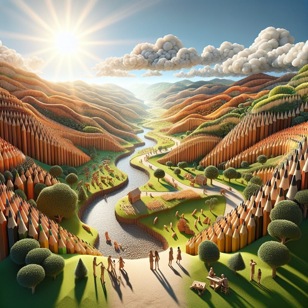 Pencil World Tea Party: A 3D Rendered Scene