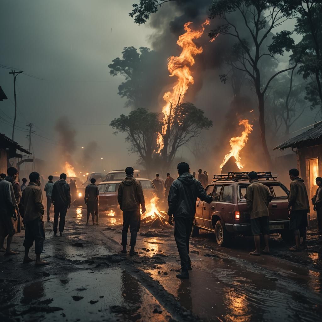 Villagers Fight Raging Fire in Cinematic Film Still