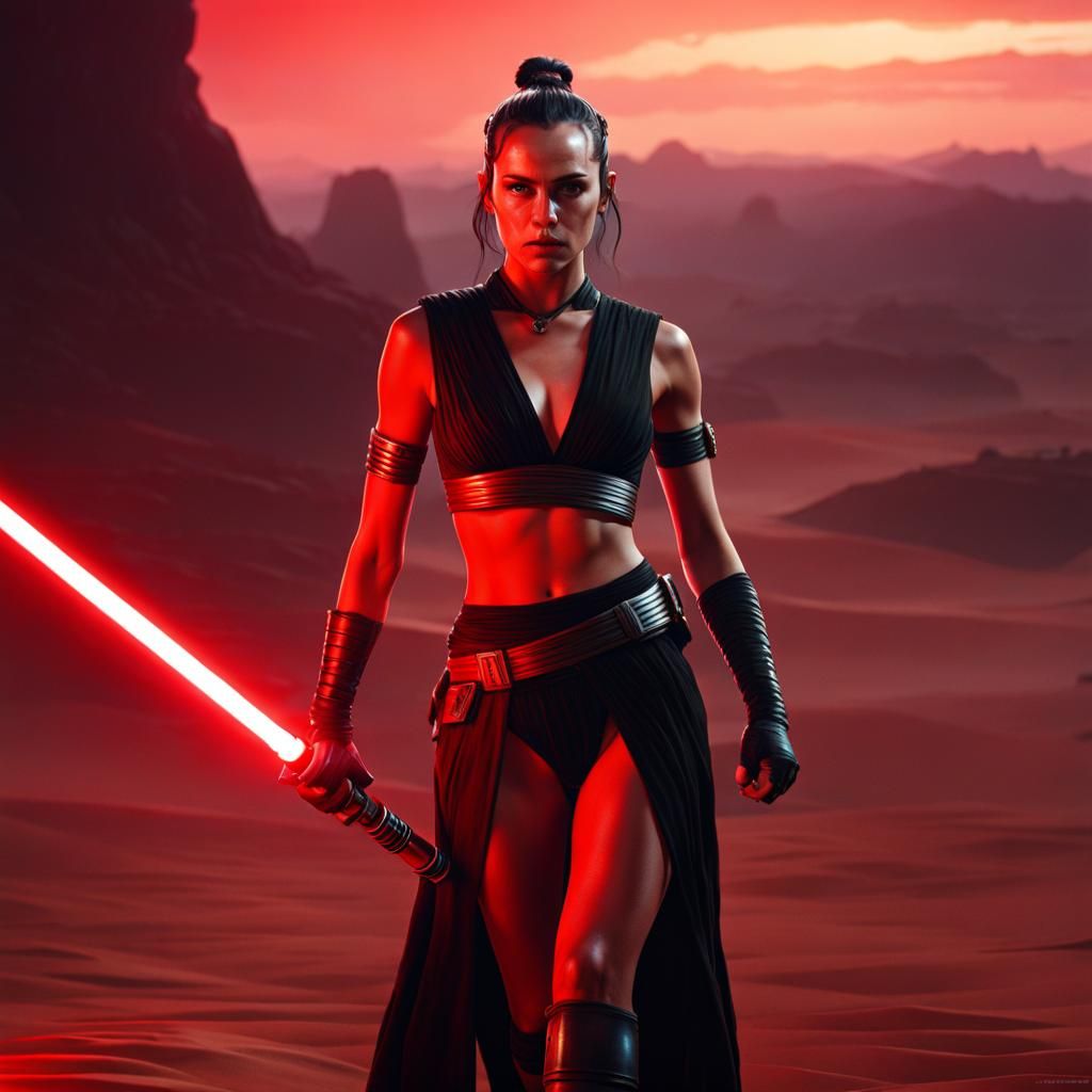 Rey in Black Bikini with Red Lightsaber