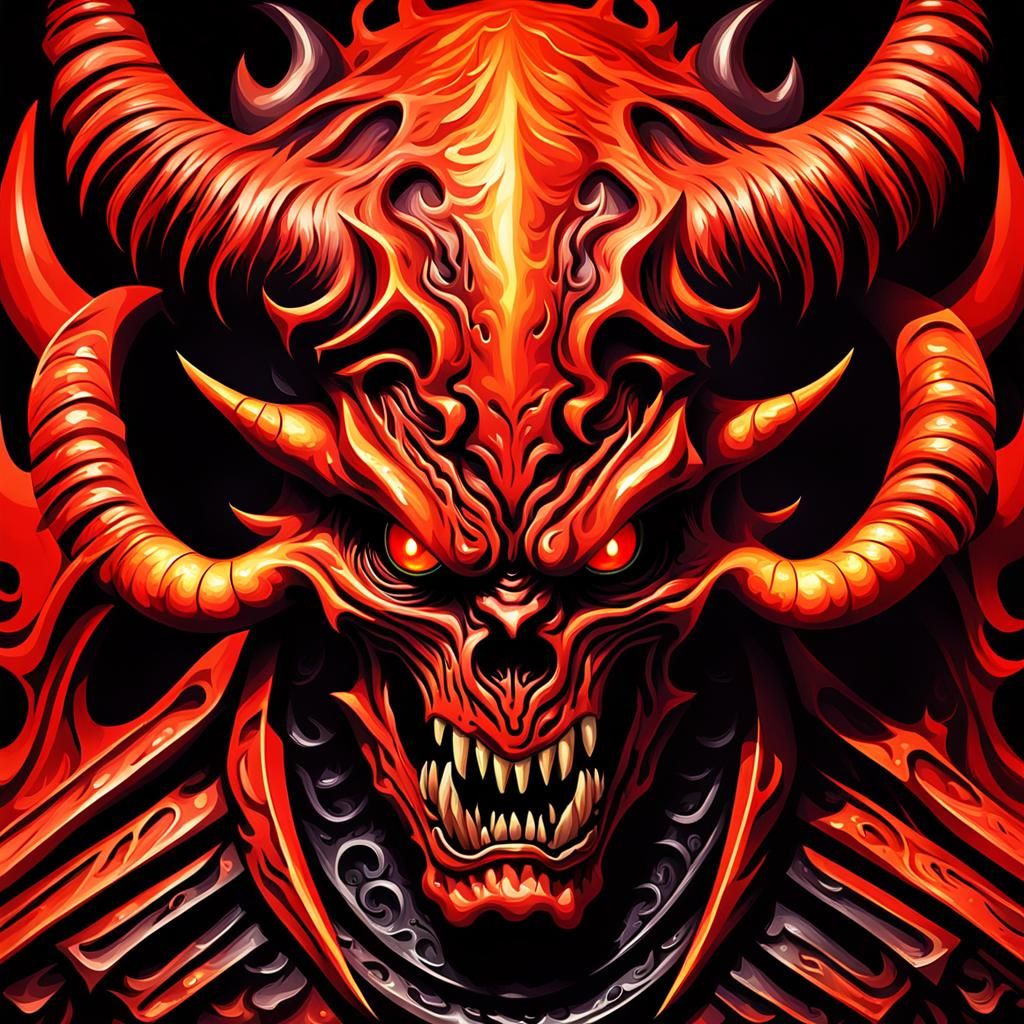 Menacing Red Devil Head in Fiery Hellscape