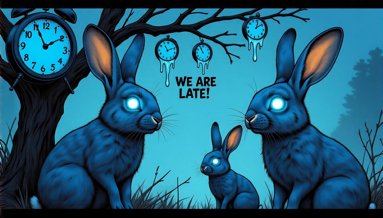 Surreal Blue Rabbits Chanting 'We Are Late' with Melting Clo...