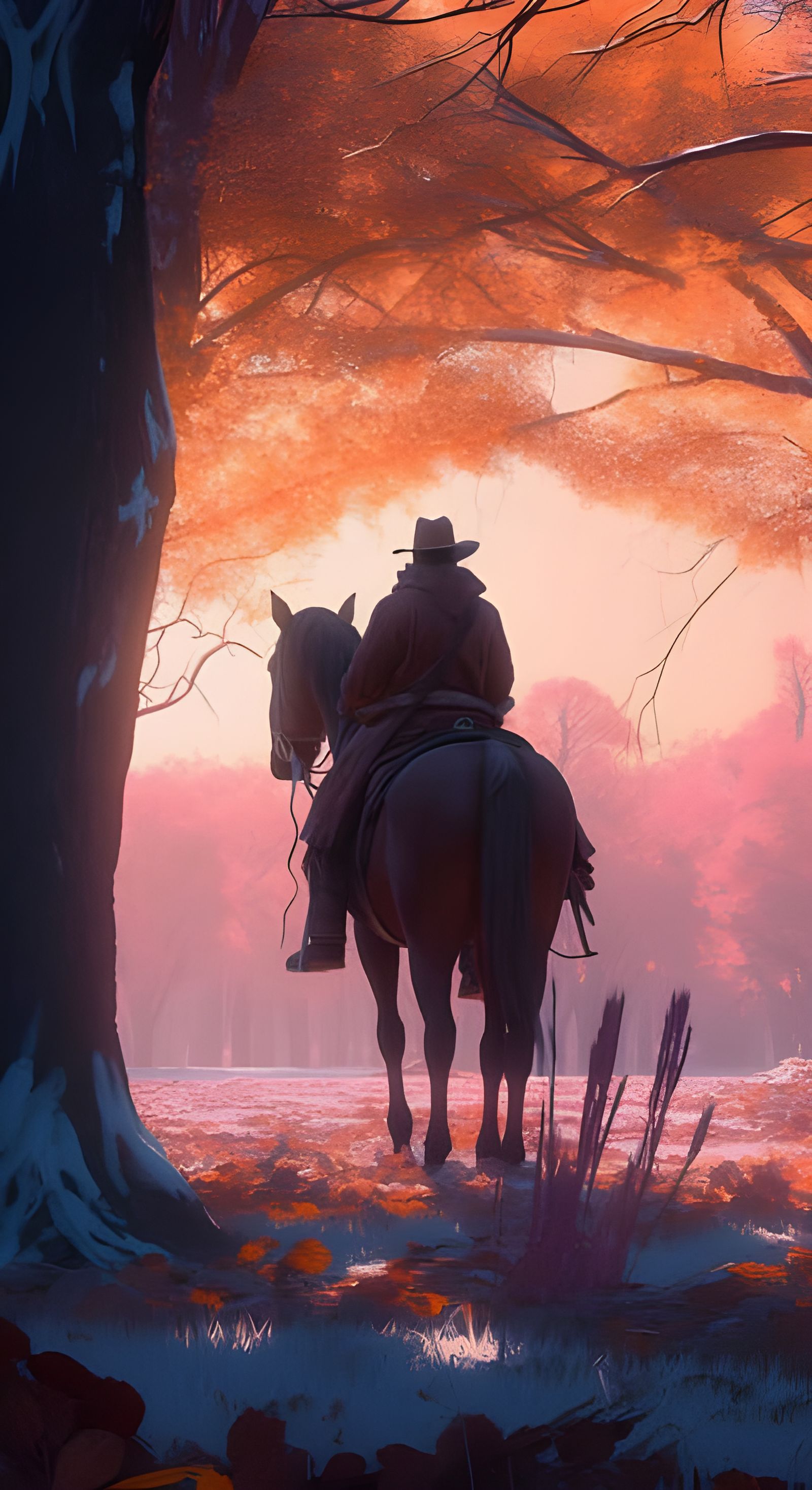 Cowboy on Horse in Autumn Snow, Comic Book Style