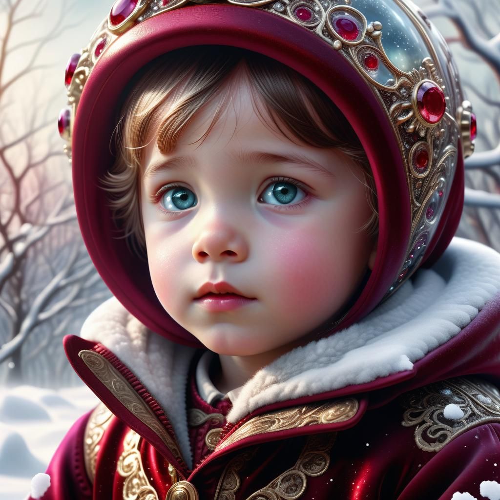 Child in Snowy Victorian Setting with Rubies