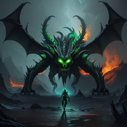 Acid Green Alien Dragon Runs, Detailed Matte Painting