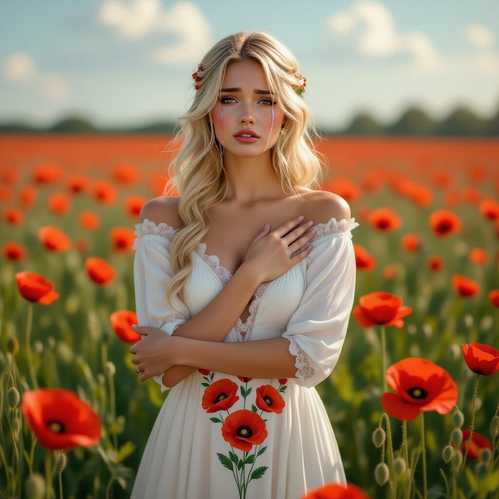 Crying Woman in Poppy Field, Hyperrealistic Style