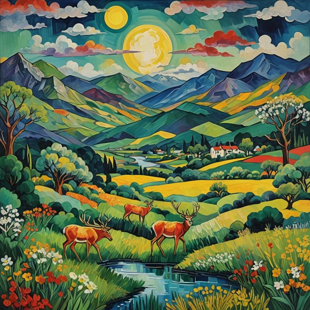 Surreal Landscape with Crystal Flora as Impasto Painting