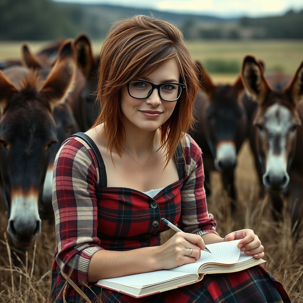 Woman Writes Among Donkeys in Cinematic Lighting