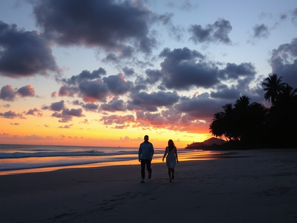 Couple Walking on Beach at Sunset in Realistic Photography