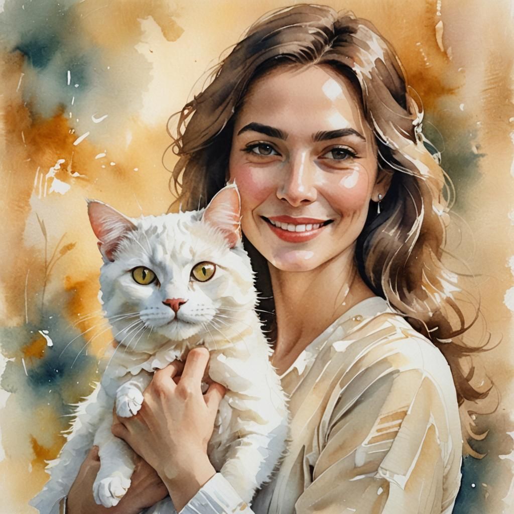 Italian Woman with Cat in Watercolor Style