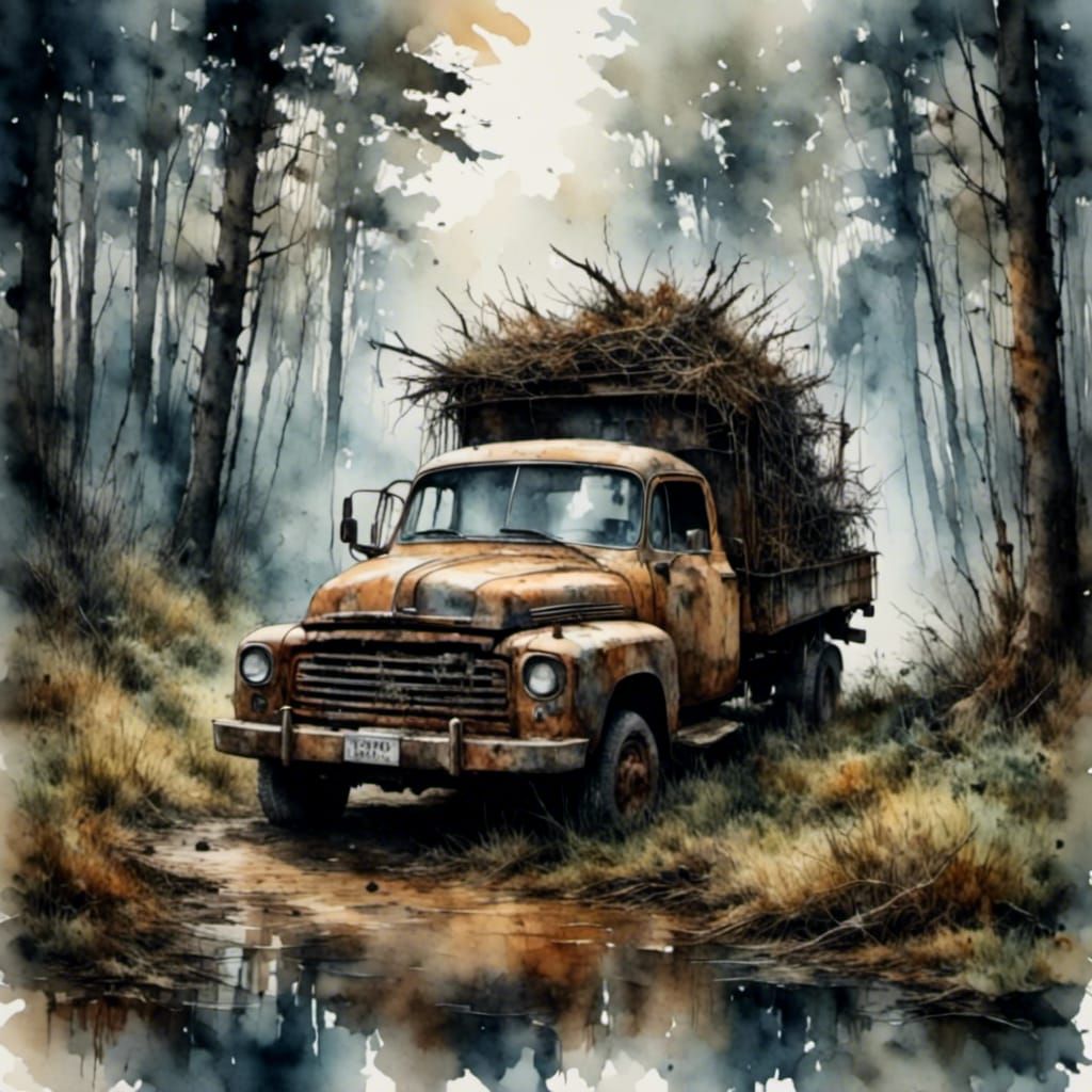 Rusted Truck in Dark Forest: Antique Watercolor