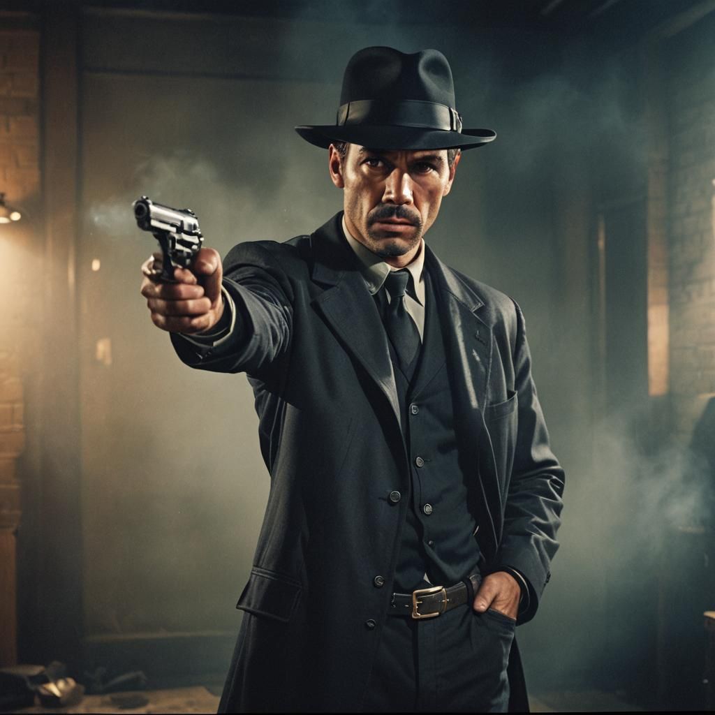 Dramatic Film Still of Detective with Gun