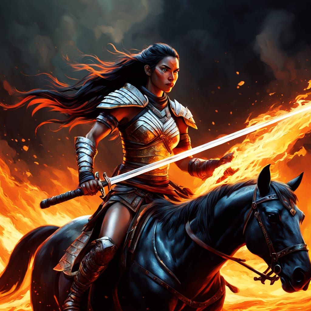 Amazon Warrior on Fire-Lit Battlefield Digital Painting