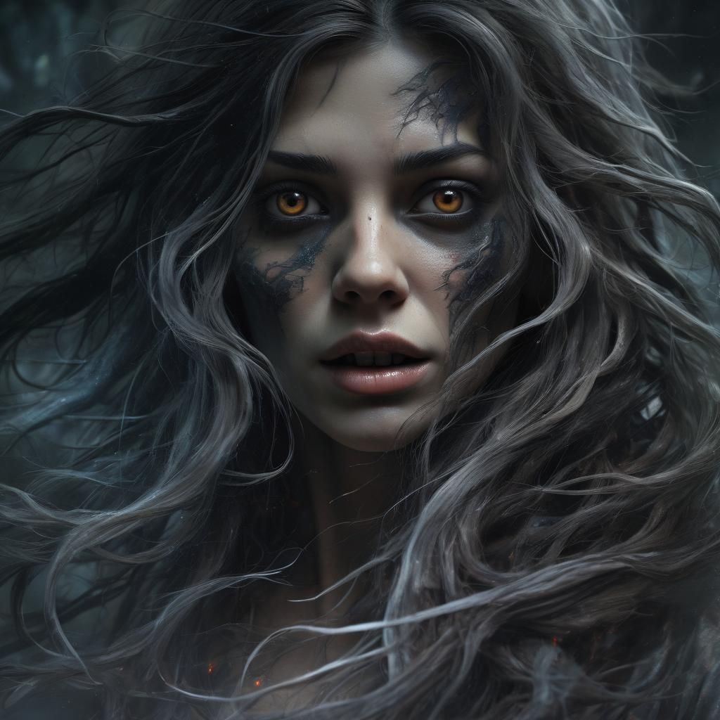 A dark, ominous scene with a large, hyperrealistic female gh...