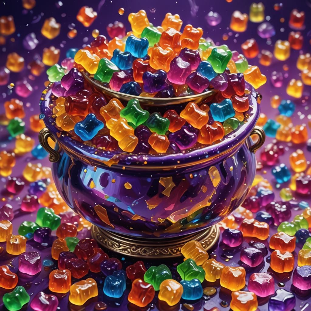 Gummy Bears Overflowing from Crystal Cauldron: Fantasy Art