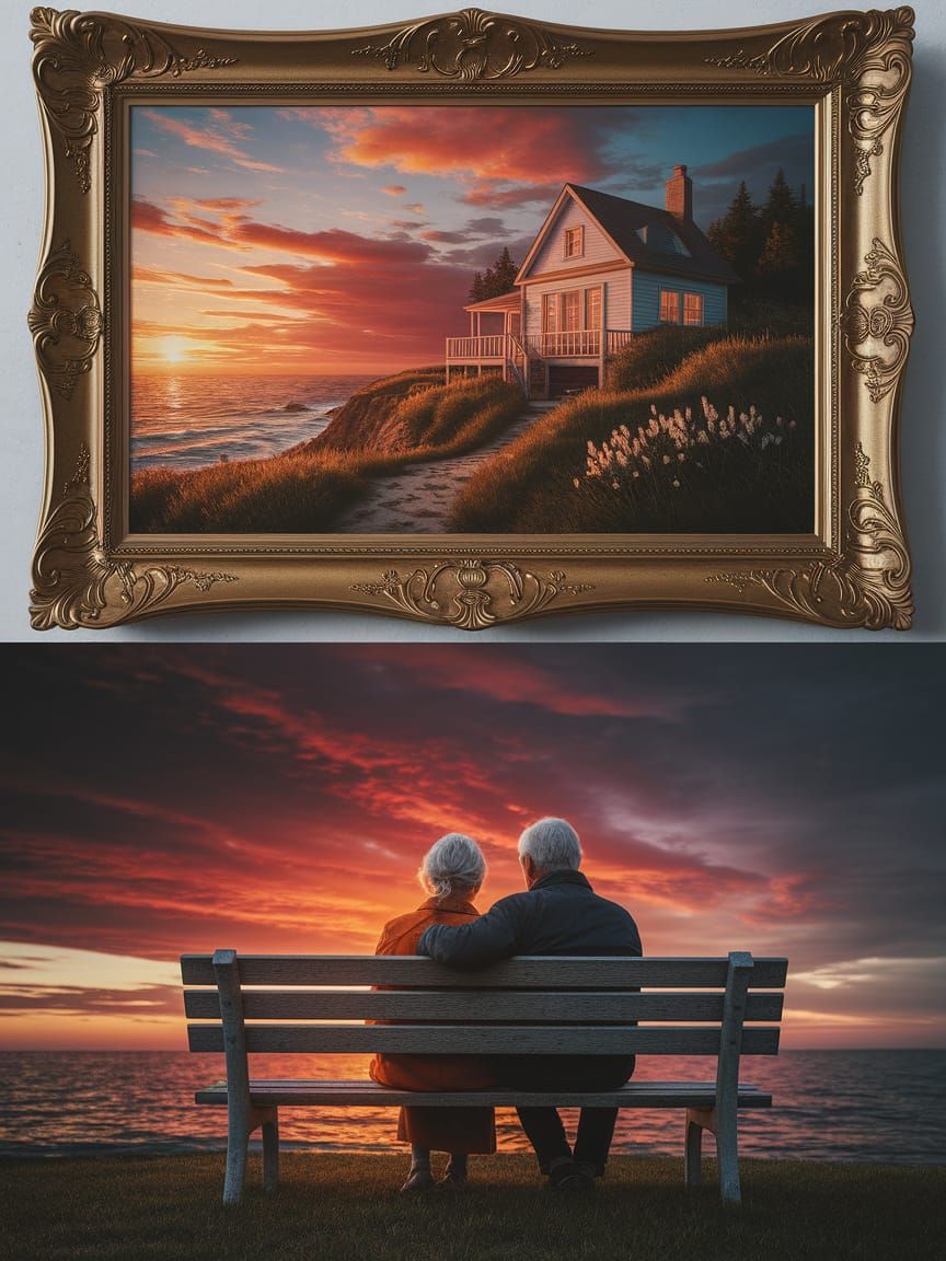 Oil Painting of Coastal House and Couple at Sunset