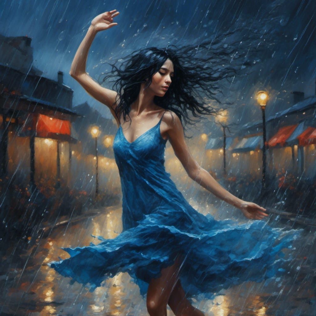 Woman Dancing in Rain Under Blue Moonlight