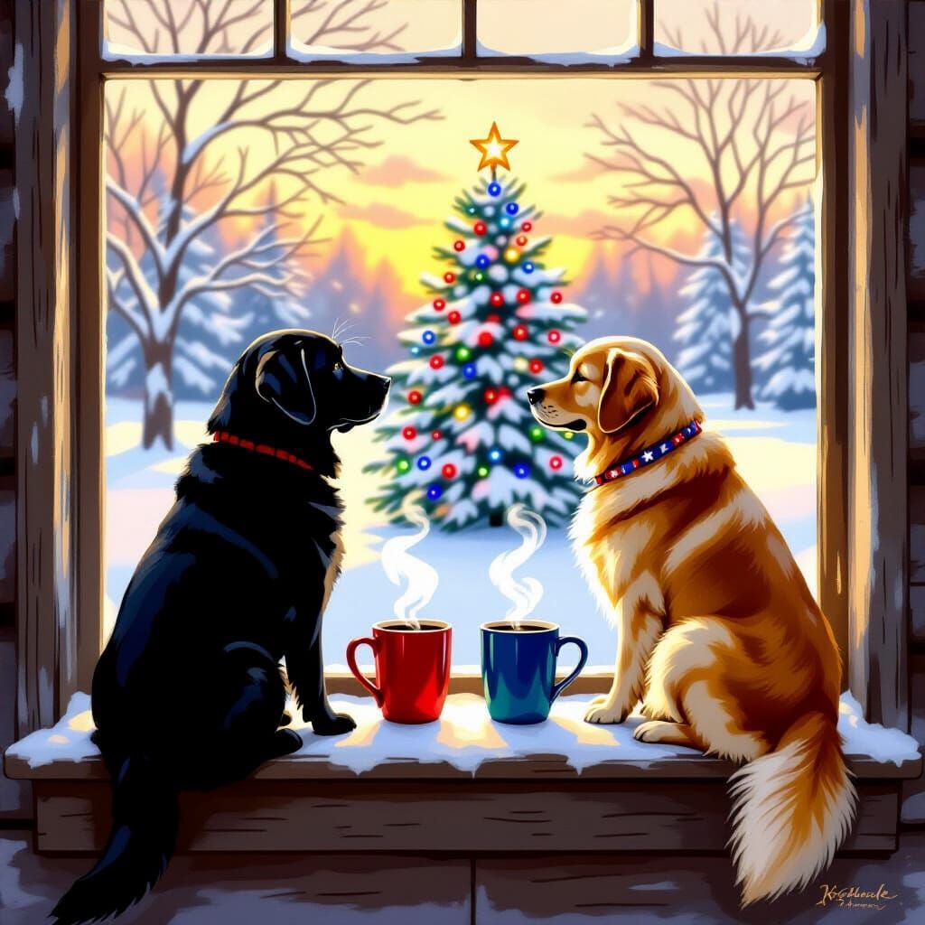 Dogs Enjoying Snowy View With Coffee