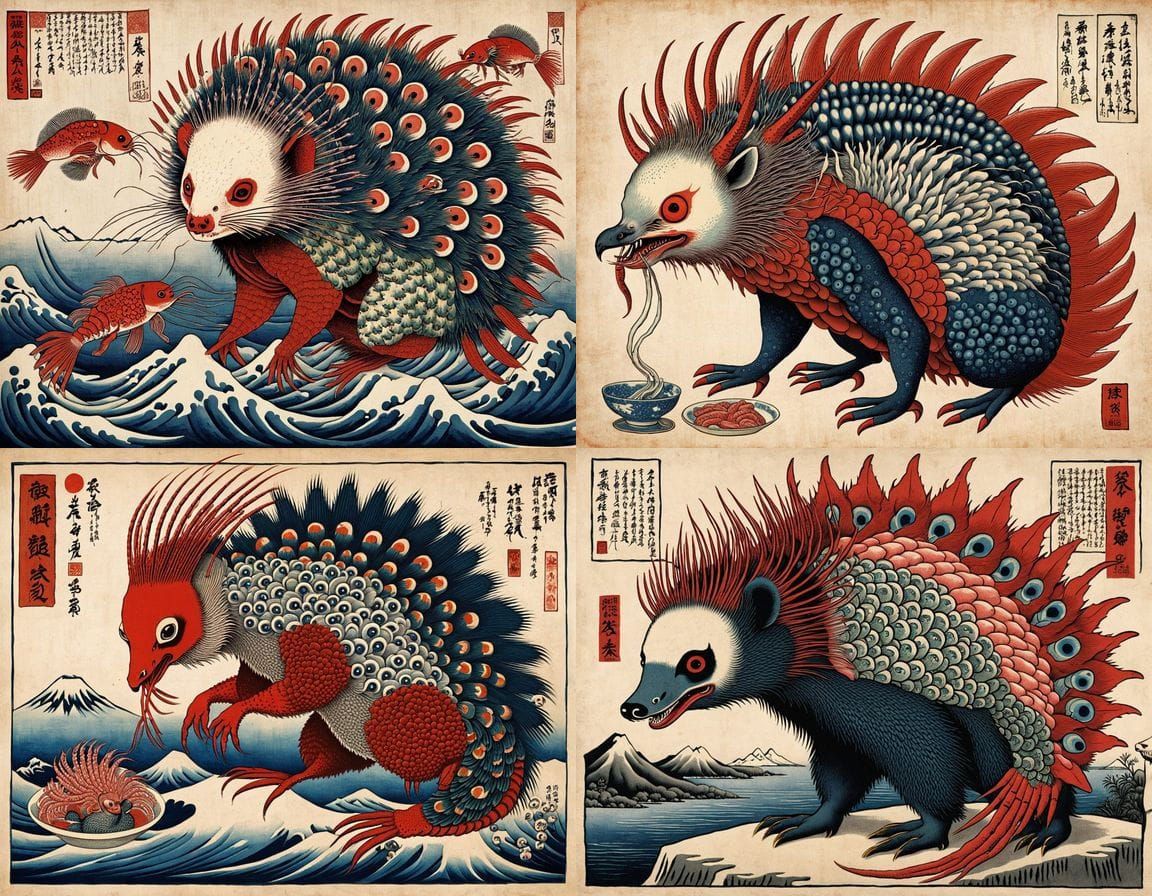 Cubist Ukiyo-e Horror Beast with Porcupine and Panda Feature...