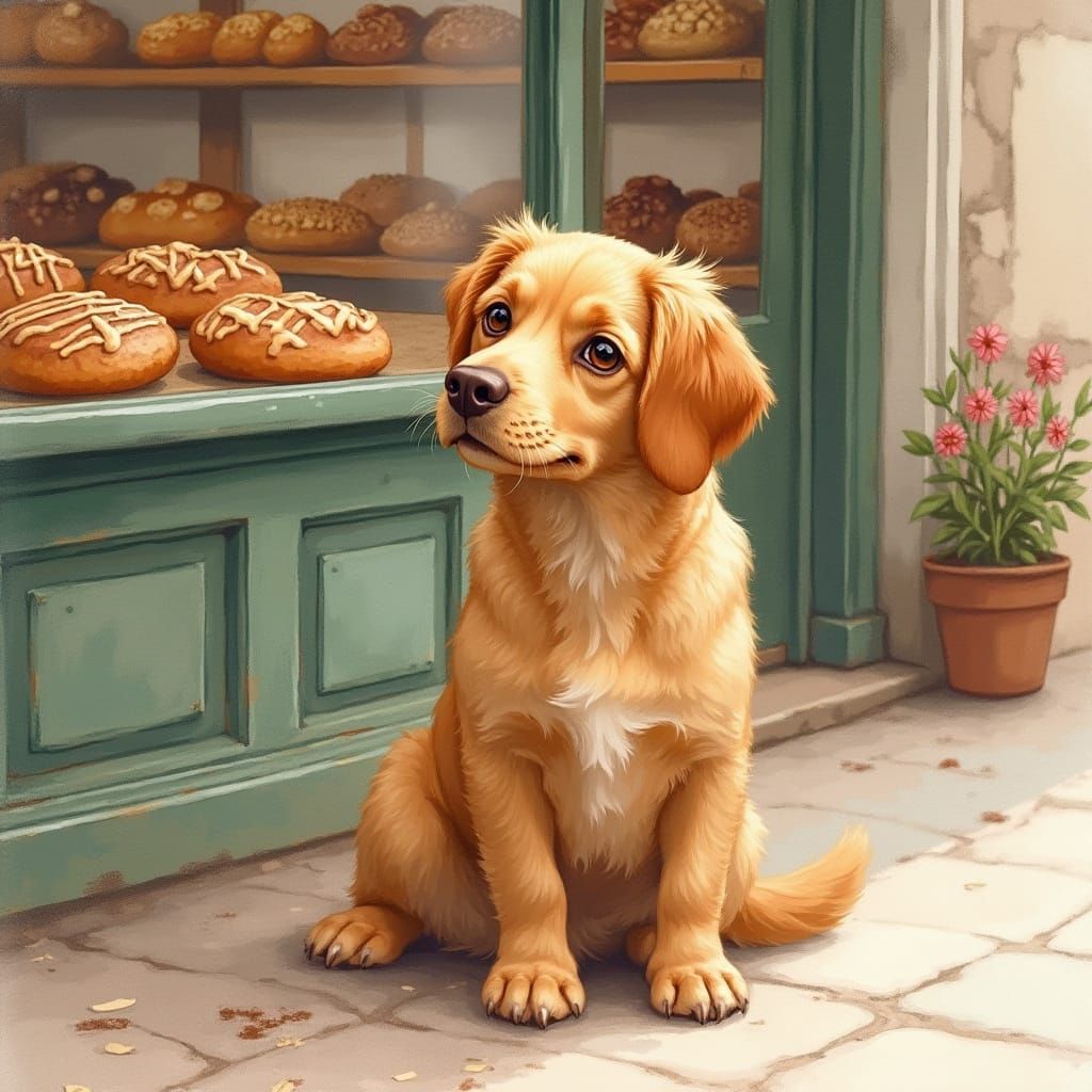 Caramel-Coated Dog in Front of Whimsical Bakery
