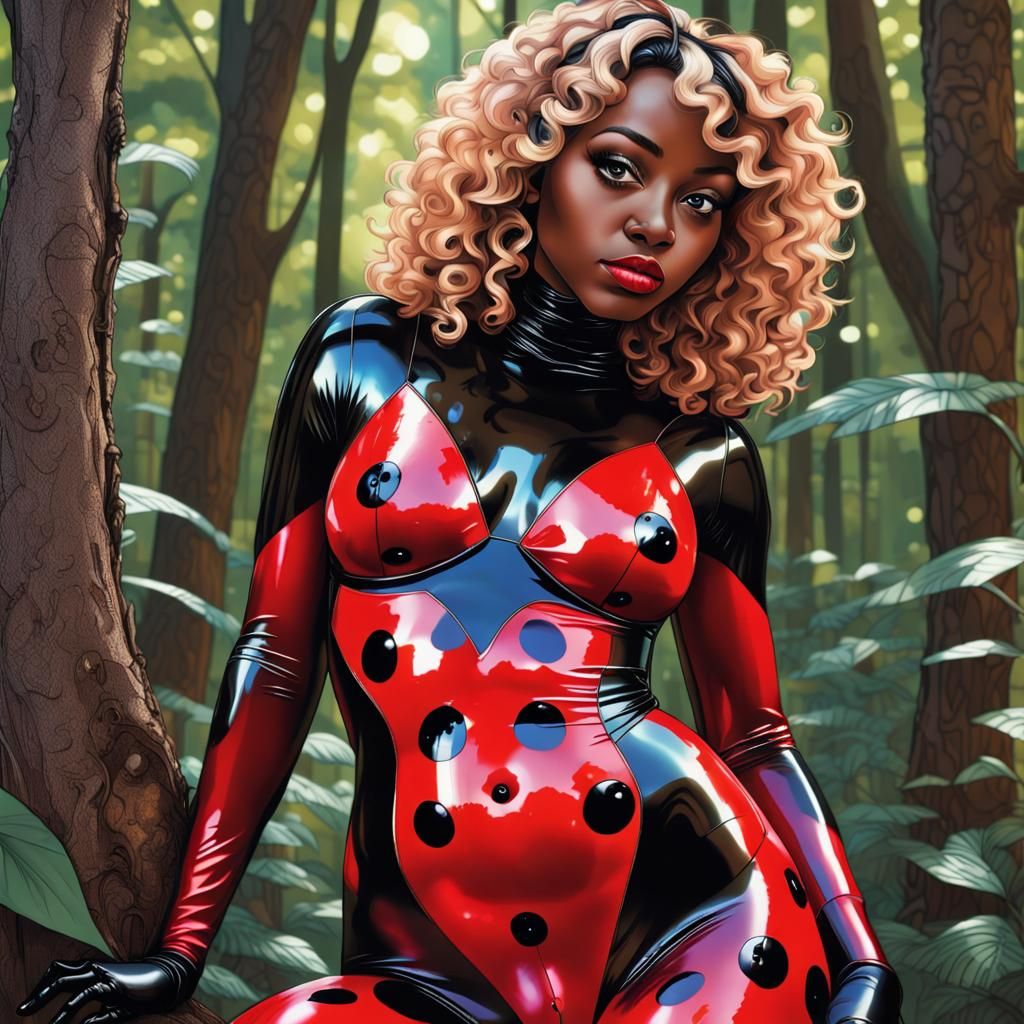 Woman in Ladybug Suit in Stained Glass Forest