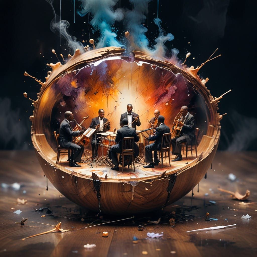 Jazz Band Inside a Walnut, Dreamy Watercolor Art