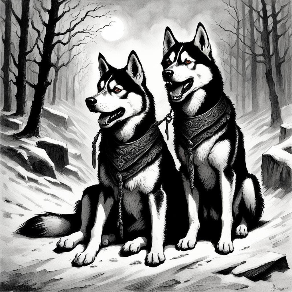 Demonic Huskies in Gothic Horror Style
