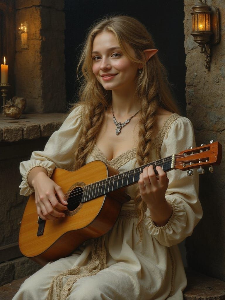 Enchanted Elven Bard Performs in a Moonlit Tavern