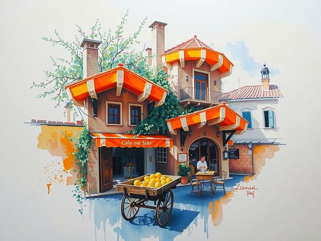 Tuscan Village Square with Lemons in Watercolour Style