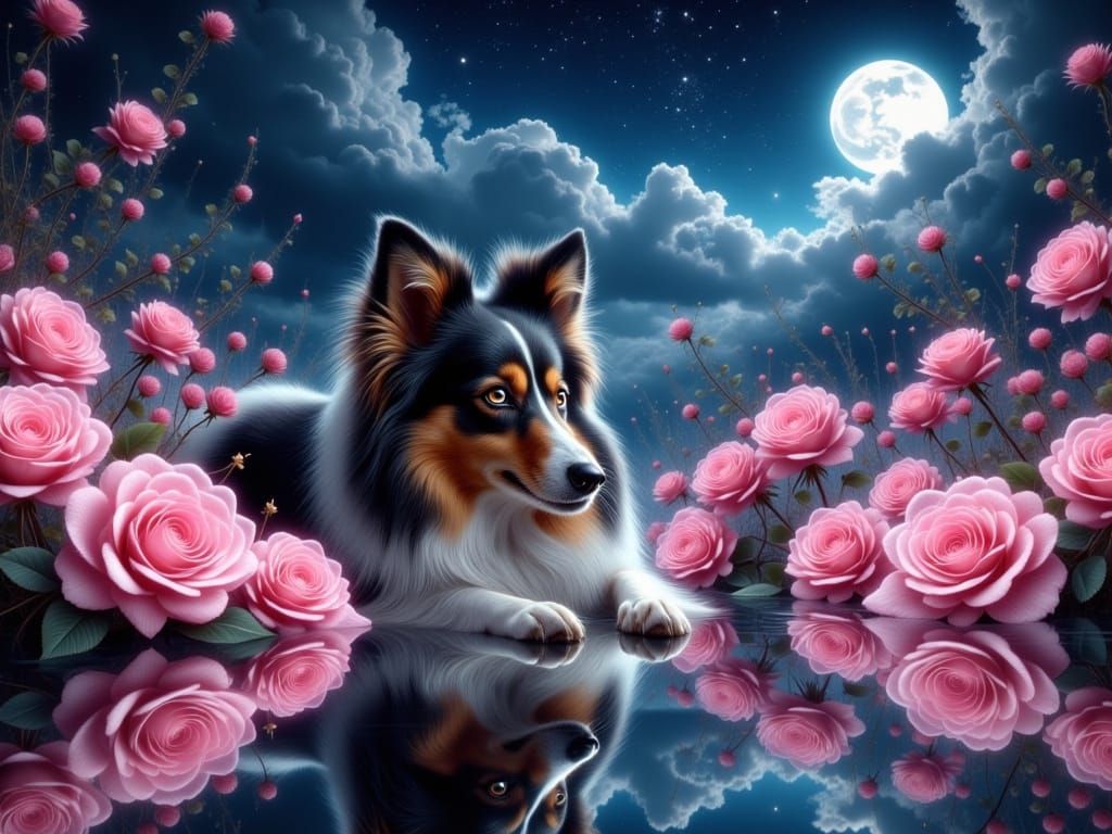 Sheltie in a Magical Rose Setting