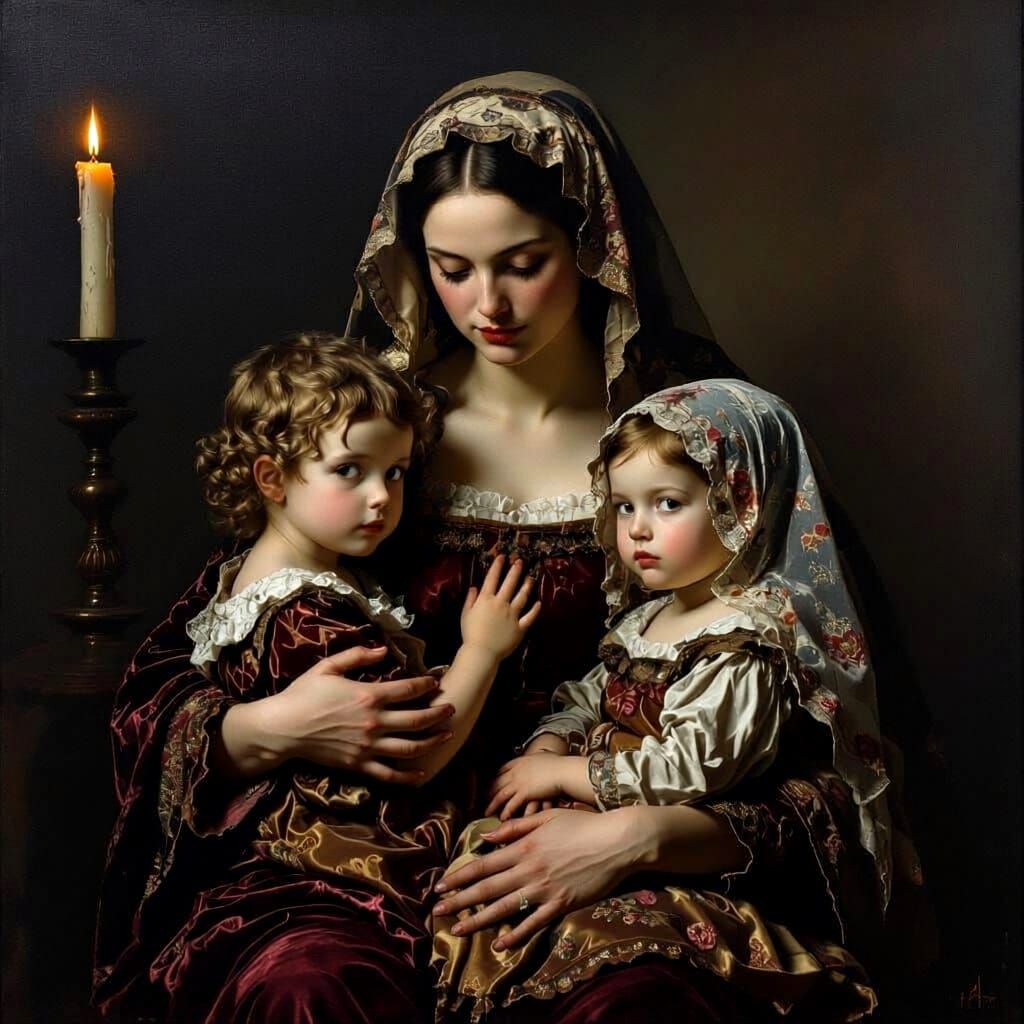 Mother and Children in Candlelit Parlor, Old Painting Style