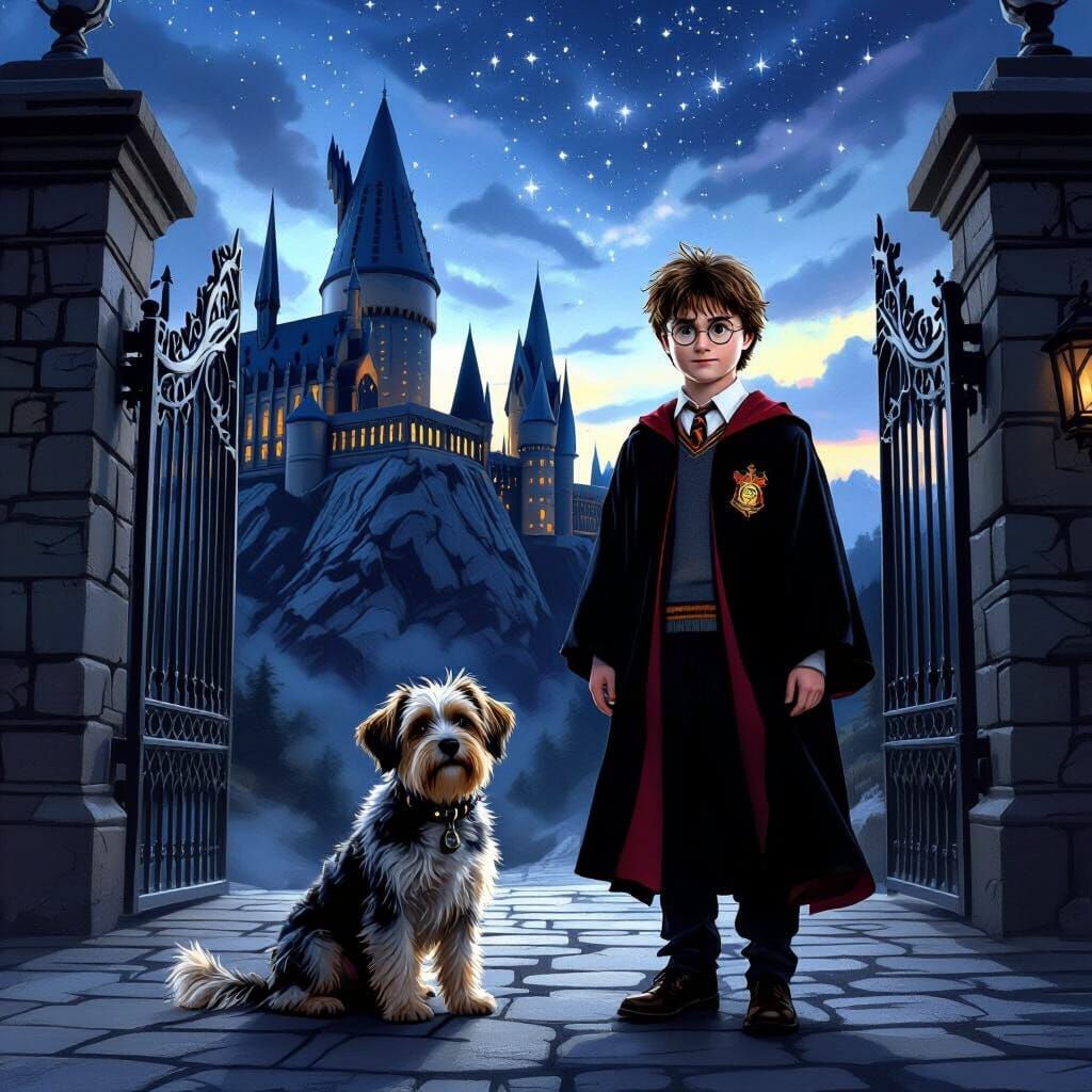 Harry Potter and Loyal Terrier at Hogwarts Gates